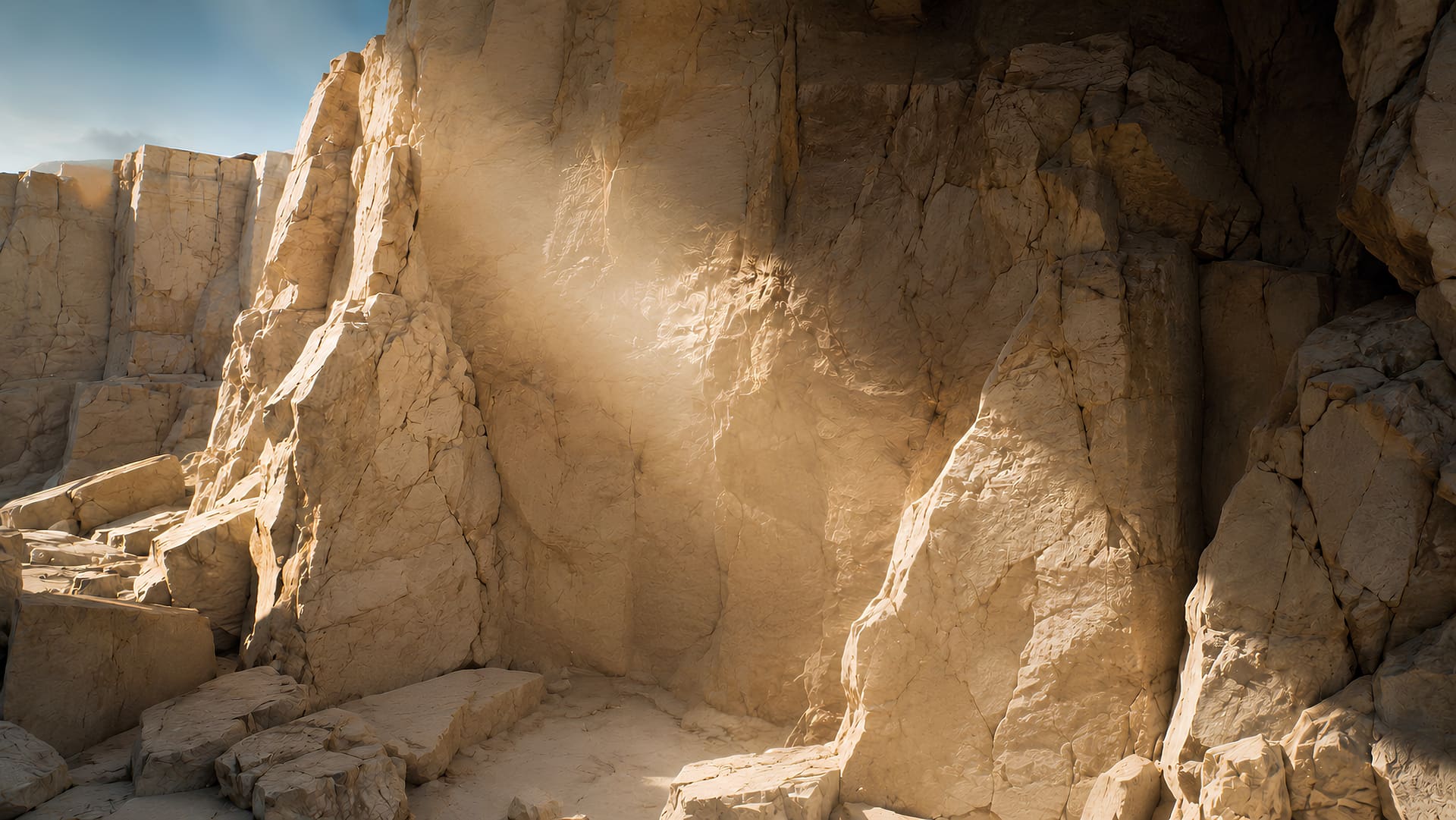 A limestone quarry under raking morning light